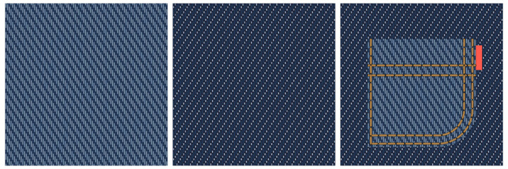 Denim seamless vector texture with pocket, stitches and label for fashion illustration, clothes design. Front and back side of the fabric set. Classic indigo blue color textile swatch. Stitch brush.