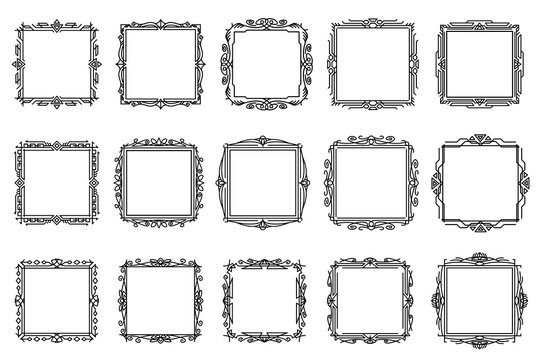Vintage style ornate square frames. Abstract square frames with black thin line. Vintage elegant borders with floral monograms and ornaments.