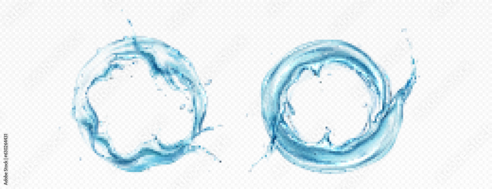 Poster water circle splash and round swirl realistic 3d vector frame. liquid aqua wave with drop and bubble