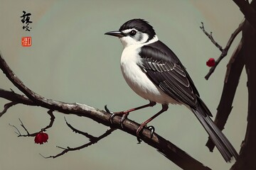 A bird sit on branch, traditional Chinese ink painting. Generative AI