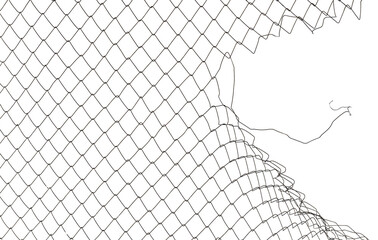 The texture of the metal mesh on a white background. Torn steel, metal mesh with holes