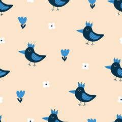 Funny blue birds and tiny flowers hand drawn vector illustration. Cute chicken in flat style seamless pattern for kids fabric or wallpaper.