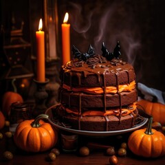 Halloween scary pumpkin cake and halloween candles. halloween background. 
