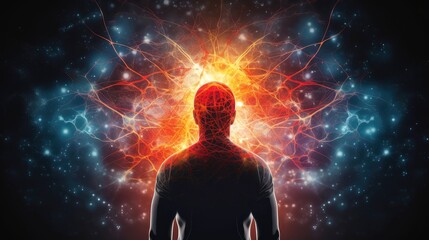 Illustration of thought energy . Head of person and neural network of brain with a problematic areas, Psychic waves concept, Generative AI illustration