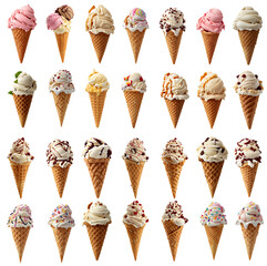 collection of delicious ice cream in waffle cone, isolated on transparent background cutout - png - different flavors mockup for design - image compositing footage - alpha channel