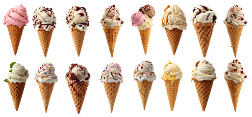 set of delicious ice cream in waffle cone, isolated on transparent background cutout - png - different flavors mockup for design - image compositing footage - alpha channel