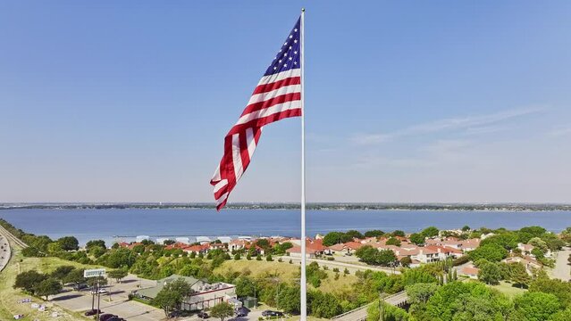 Drone shot of Large American Flag in Rockwall, Texas.
