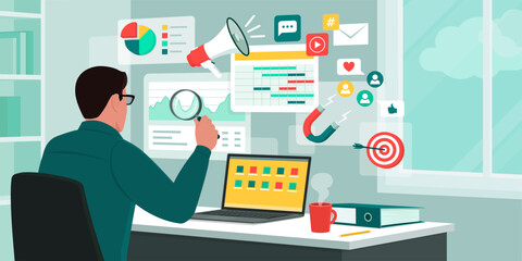 Digital marketing manager working with virtual screens