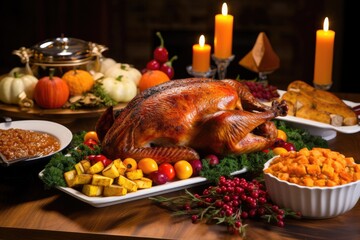 Delicious Christmas feast with roasted turkey, savory sides, and a selection of festive desserts, bringing family and friends together for a memorable meal - Generative AI