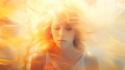 Fototapeta premium Illustration of woman sleeping and dreaming. Psychic girl considers mind and heart, spirituality, esotericism. Psychic waves concept, Generative AI illustration