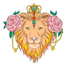 Colorful illustration of a lion's head isolated on a white background. Zodiac sign of lion from astrological horoscope.
