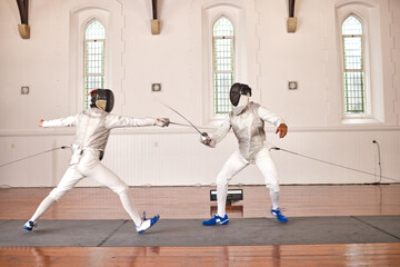 People, training with sword and fight in fencing competition, duel or combat with martial arts...