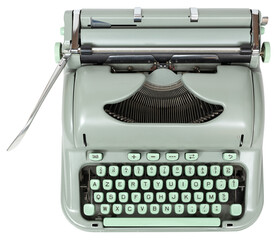 Retro vintage green typewriter isolated on transparent background. Top view