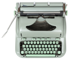 Retro vintage green typewriter isolated on transparent background. Top view
