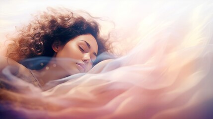 Illustration of woman sleeping and dreaming. Psychic girl considers mind and heart, spirituality, esotericism. Psychic waves concept, Generative AI illustration