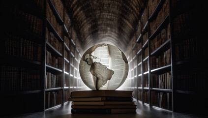 Book library and globe in center. Learning, wisdom, literature and study. Antique collection, technology and global knowledge. Education hub.
