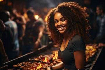 portrait of beautiful afro american cute woman at barbecue grill party. Outdoors party portraits in garden outdoors