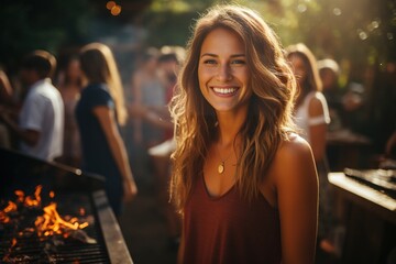 portrait of beautiful girl at barbecue grill party. Outdoors party portraits in garden outdoors