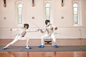 People, fighting and fencing with a sword in competition, duel or combat with martial arts fighter...