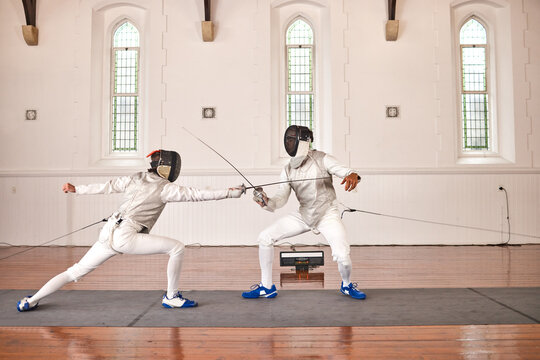 People, fighting and fencing with a sword in competition, duel or combat with martial arts fighter and athlete with a weapon. Warrior, blade and person in creative fight, exercise or fitness