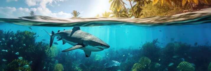 underwater and surface world. sharks against the backdrop of a vibrant coral reef teeming with marine biodiversity, with an island paradise on the surface. 