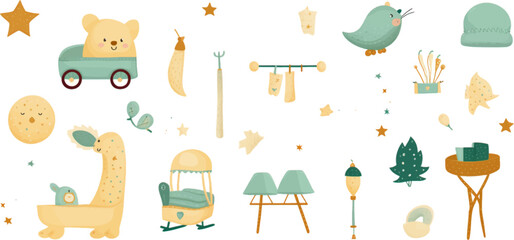 set baby nursery element set clip art, in the style of whimsical cartoon-style, light amber and turquoise, 3840x2160, letras y figuras, letterboxing, colorful cartoon, dark beige, white background