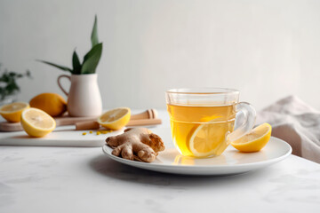 A cup of healthy ginger tea with lemon on a white table. Concept alternative medicine, natural homemade remedy for cold and flu. Generative AI