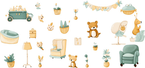 set baby nursery element set clip art, in the style of whimsical cartoon-style, light amber and turquoise, 3840x2160, letras y figuras, letterboxing, colorful cartoon, dark beige, white background