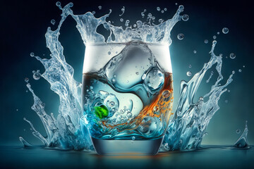 Transparent cocktail splash in glass of water on dark blue  background. Generative AI