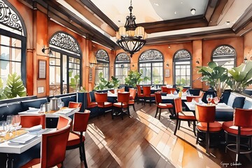 Luxurious interior of a very nice restaurant with delicious food