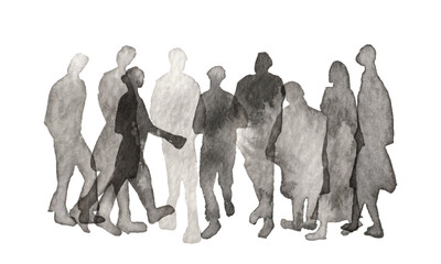 Watercolor people silhouettes vector set. Group of black shapes icons isolated on a white background. Hand drawn illustration.