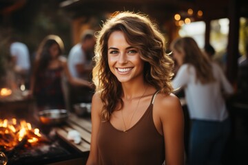 Portrait of happy young woman barbecuing at park. Garden party outdoors with drinks, friends social concept.