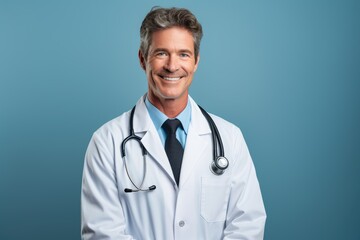 Portrait of smiling physician in white coat standing against blue background, generative AI