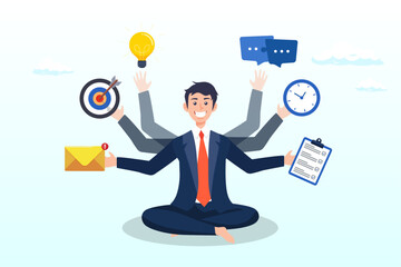 Productive man with multiple hands handle multitasking job, multitasking or manage project, task or work efficiency, productivity or time management, workload balance or work responsibility (Vector)