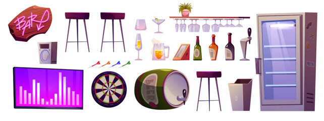 Cartoon set of bar interior elements isolated on white background. Vector illustration of pub furniture, cocktail glasses, bottles of alcoholic beverages, beer barrel, fridge, tv screen and darts