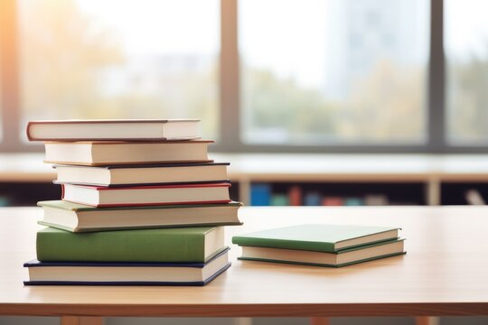 Close-up of books on desk in classroom at school, generative AI