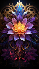 Obraz premium A large flower with many colors on a black background.