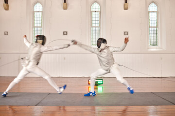 Fight, fencing sword and people in sports training, exercise or workout in a hall. Martial arts,...
