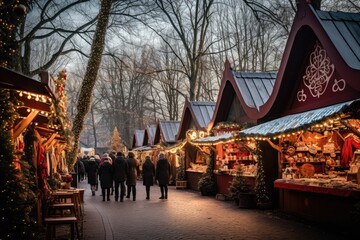 Christmas market filled with stalls selling handcrafted ornaments, seasonal treats, and unique gifts, creating a magical and bustling atmosphere - Generative AI