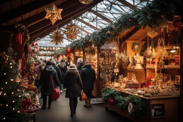Christmas market filled with stalls selling handcrafted ornaments, seasonal treats, and unique gifts, creating a magical and bustling atmosphere - Generative AI