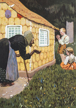 Alcochete, Portugal &ndash; February 24, 2016 : Hansel and Gretel. Illustration from a Grimm Brothers Fairy Tales Book published in the 1920s.