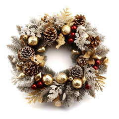 Fototapeta na wymiar Christmas wreath with pine cones and gold and white Christmas decorations on white background 