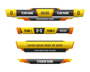Football elements for broadcasting match. Sport scoreboard with time, information and result display. Vector template for your design.