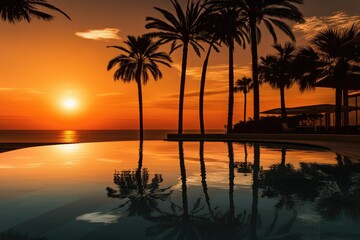 Fototapeta na wymiar Sunset with silhuettes palm and reflection in swimming pool 