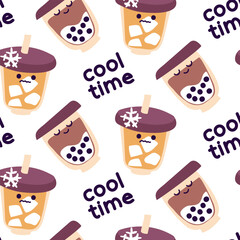 A pattern with cold drinks of bubble tea and iced coffee and milk in cheerful cups. Flat design with cold drinks. Time to cool down. Printing on the packaging for cafes and caffeine