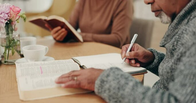 Elderly man, women and bible study in home for faith, religion or writing for notes, search and worship in retirement. Senior friends, holy books or hands for guide, gratitude or spiritual mindset