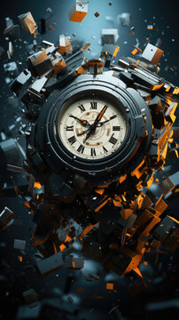 A clock surrounded by cubes and pieces of metal.