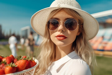young beautiful woman in glasses and a hat and a white dress with strawberries at a tennis tournament on a sunny day. Strawberries are the food symbol of the Wimbledon Grand Slam competitions.