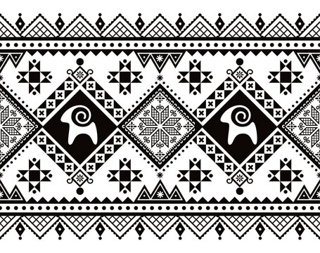 Easter eggs design from Ukraine vector seamless long horizontal pattern with goats and stars, Easter eggs repetitive design Hutsul Pisanky in black and white