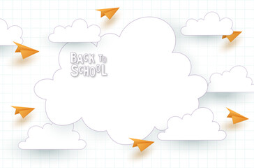 Back to school. Vector background of a school notebook in a cage with a frame, airplanes and clouds.